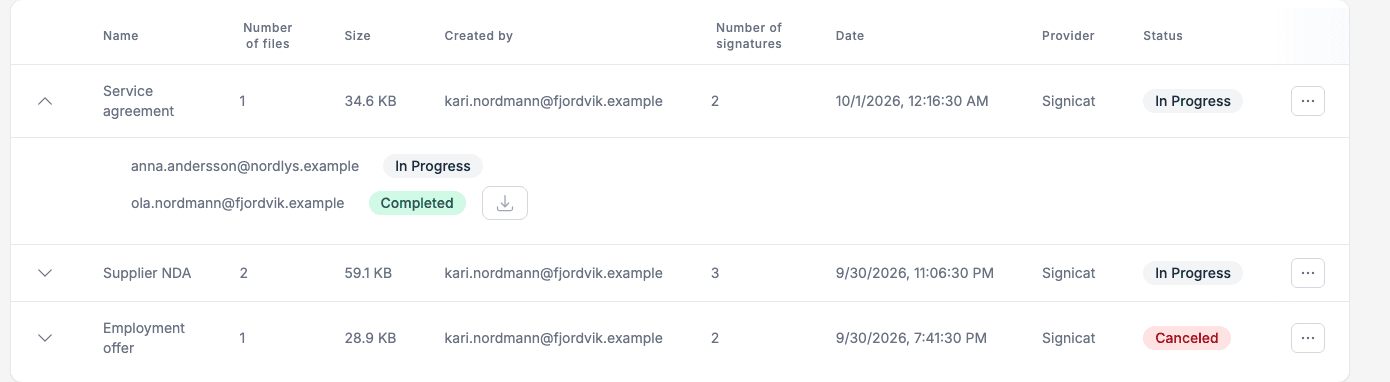 An order opened to show its two signers, one In Progress and one Completed with a download icon