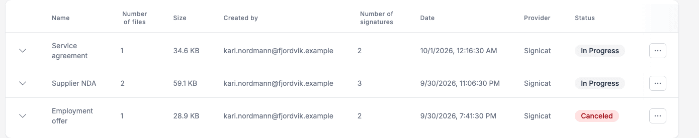 The list of signing orders with three orders: two In Progress and one Canceled