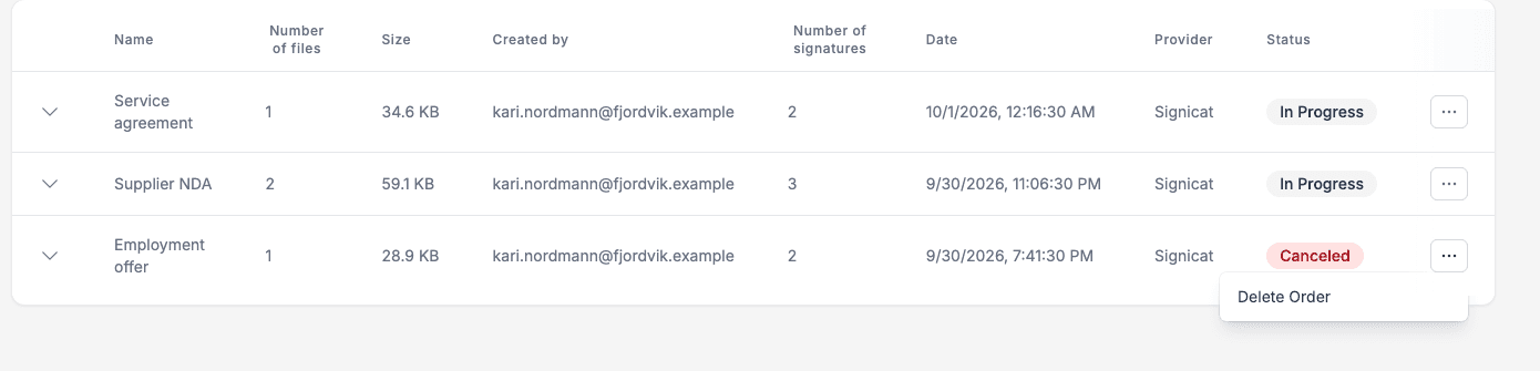 The row menu of a Canceled order with Delete Order