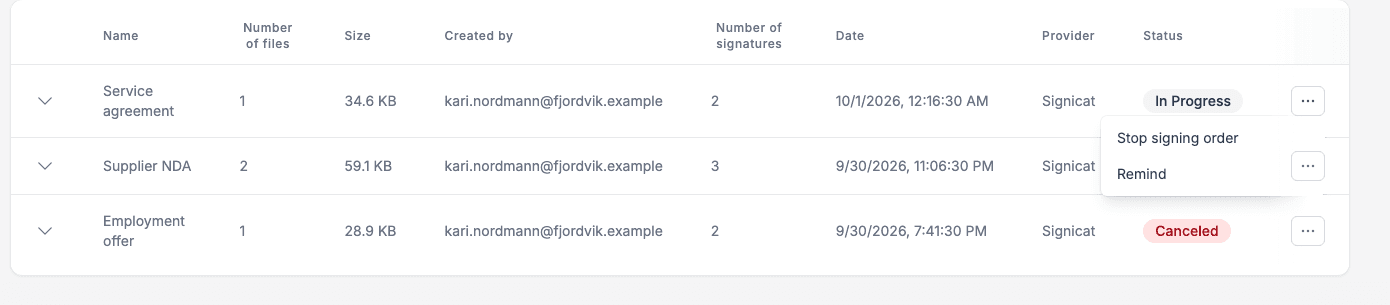 The row menu of an In Progress order with Stop signing order and Remind