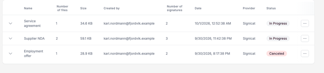 The list after Stop signing order: the order turns Canceled and its menu now offers Delete Order
