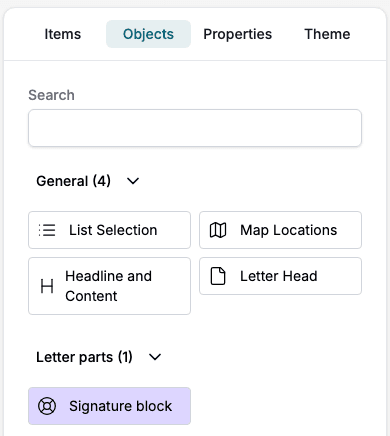 The Objects tab with the General group and a shared folder group, Letter parts, that holds the object Signature block