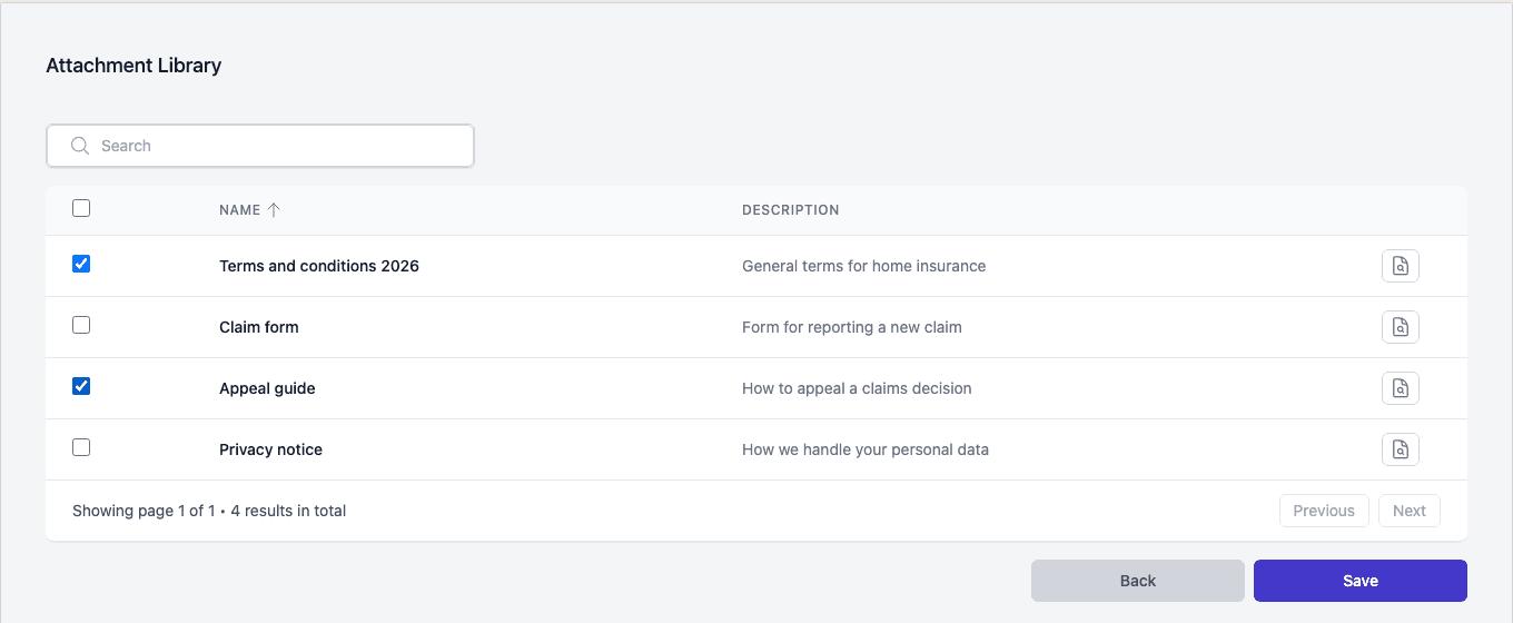 Choosing attachments in the Attachment Library