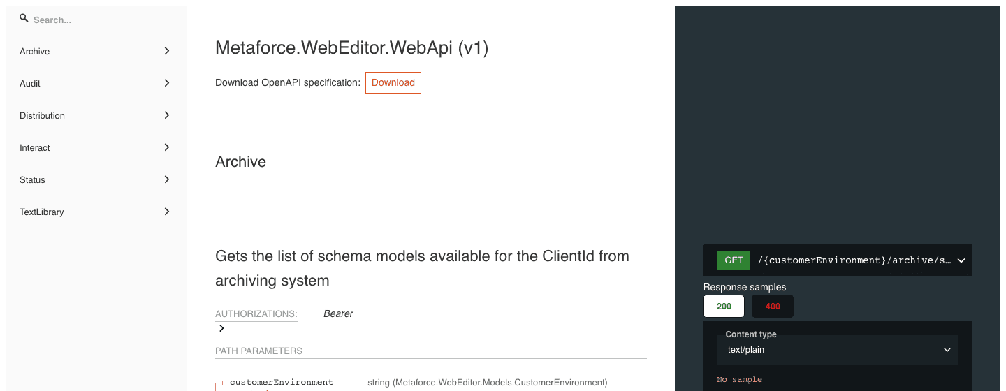 The Pages API reference with the group menu on the left and the Download button for the OpenAPI specification