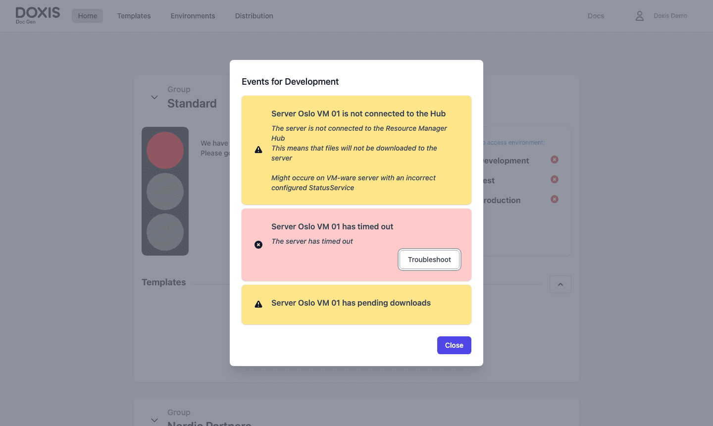 Events for an environment with servers that do not answer