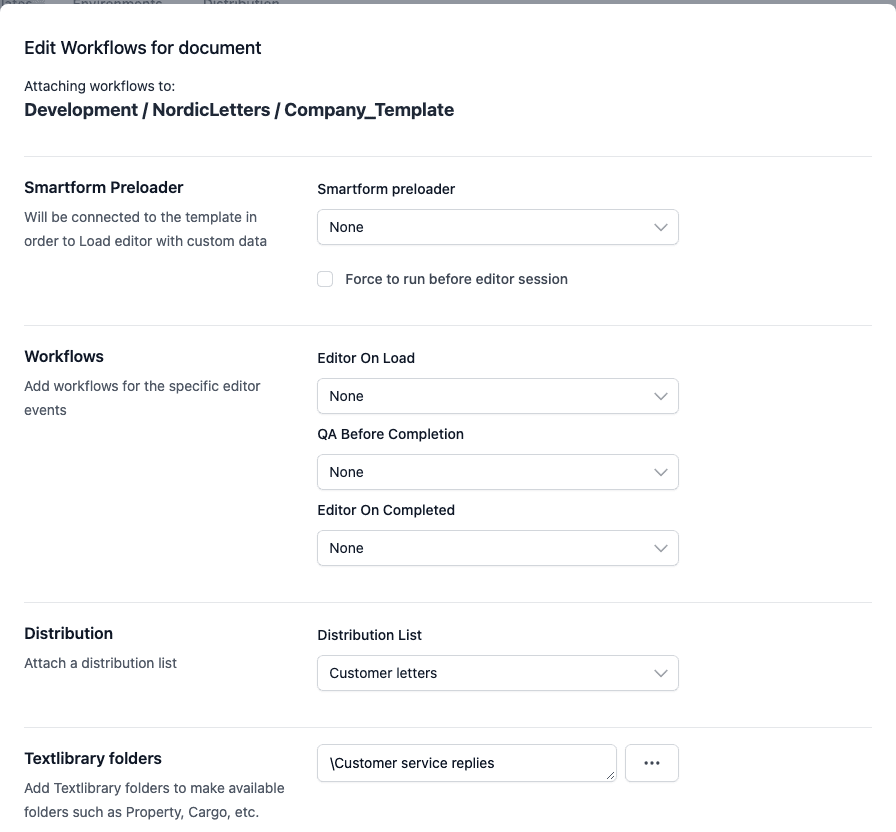 The Edit Workflows for document dialog, top part