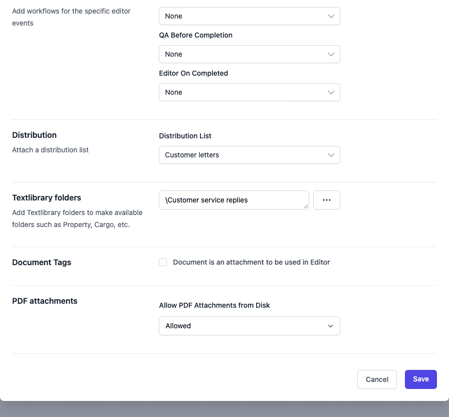 The Edit Workflows for document dialog, bottom part