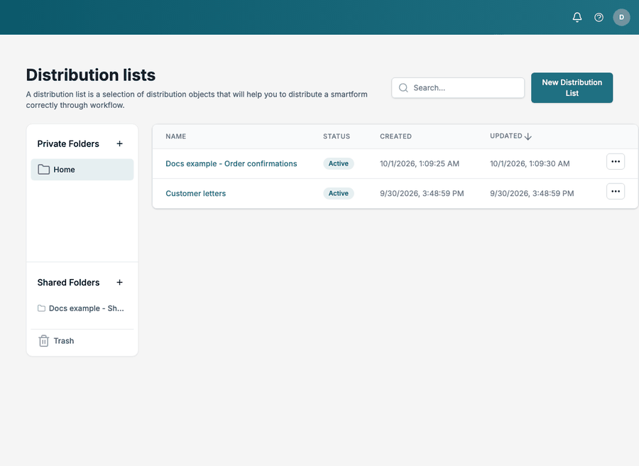 Creating a Distribution List: New Distribution List, a name, Save, then selecting Send by e-mail and Send by post with the plus button, and Save. A Distribution List saved message appears.