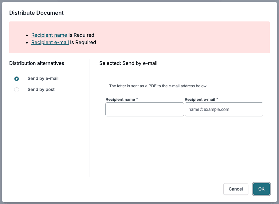 The Distribute Document window after clicking OK with empty fields: Recipient name and Recipient e-mail are listed as required.