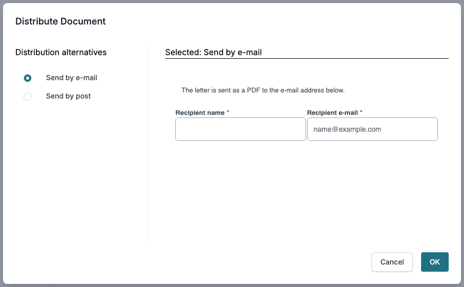 The Distribute Document window with Send by e-mail selected and its fields Recipient name and Recipient e-mail.