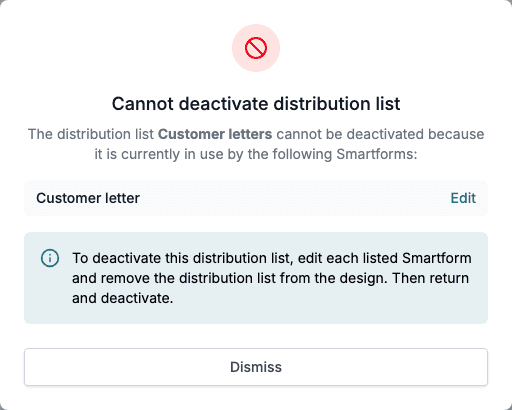 The Cannot deactivate distribution list dialog naming the Smartform Customer letter with an Edit link.