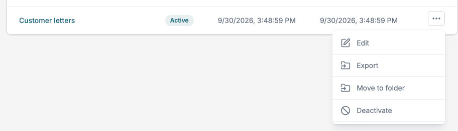 The row menu of a Distribution List with Edit, Export, Move to folder and Deactivate.