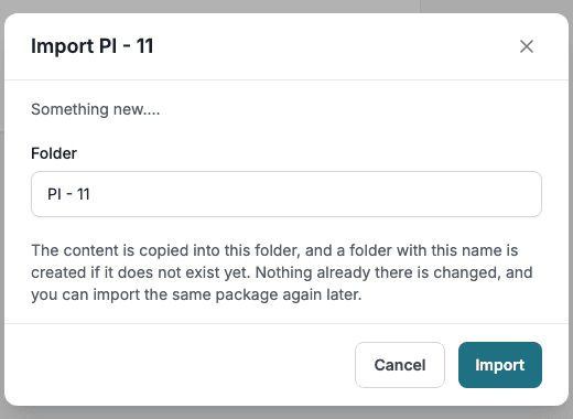 The Import window with the Folder field and the Cancel and Import buttons.