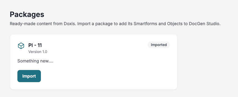 The Packages screen in CenterPoint with a package card, its Imported badge and the Import button.