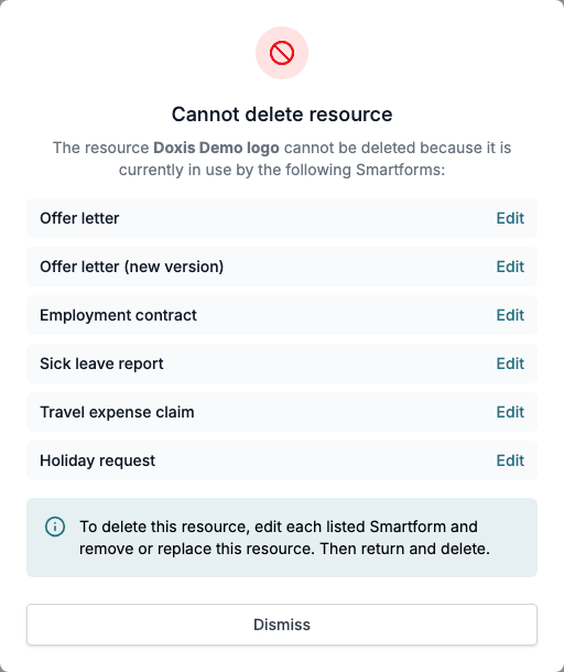 The Cannot delete resource window listing the Smartforms that use the resource.