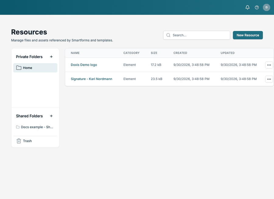 Creating a resource: New Resource, a name, the category Section, a file and Save. The resource appears in the list.
