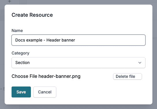 The Create Resource window with the name Docs example - Header banner, the category Section and a chosen file.