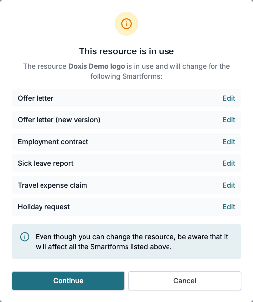 The This resource is in use window listing the Smartforms that use the resource, with Continue and Cancel.