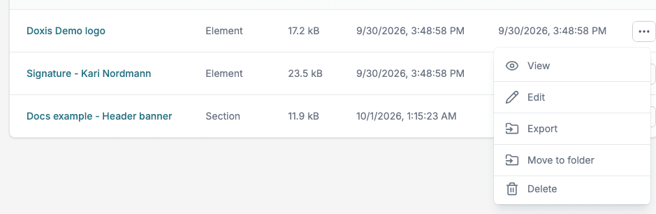The row menu of a resource with View, Edit, Export, Move to folder and Delete.
