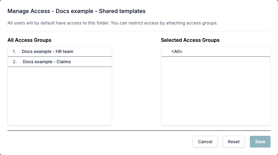 The Manage Access window of a shared folder with All Access Groups on the left and Selected Access Groups on the right.