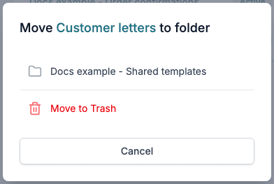 The Move to folder window with a shared folder and Move to Trash.