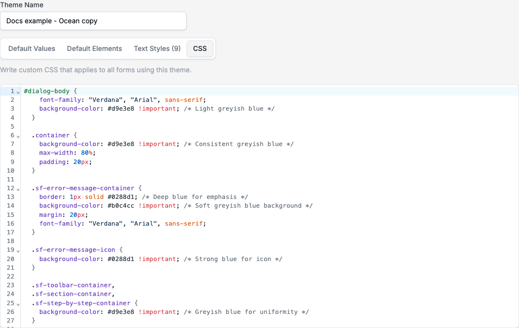 The CSS tab with the custom CSS of a theme.