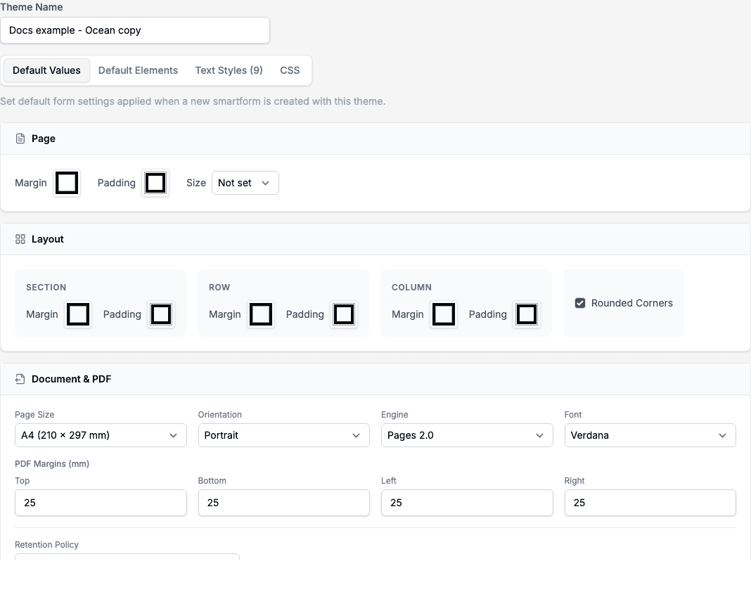 The Default Values tab with the Page, Layout and Document & PDF sections.