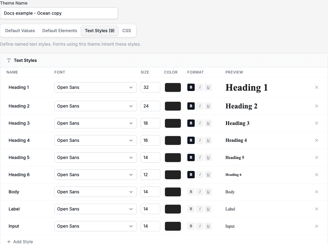 The Text Styles tab with Heading 1 to Heading 6, Body, Label and Input.