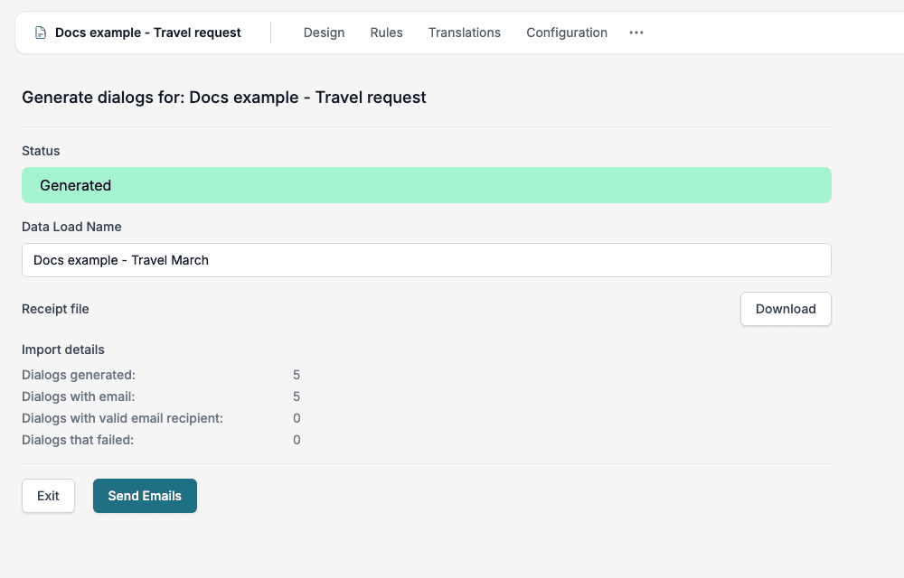 The receipt page: the status Generated, a Download button for the receipt file, and the counts Dialogs generated, Dialogs with email, Dialogs with valid email recipient and Dialogs that failed.