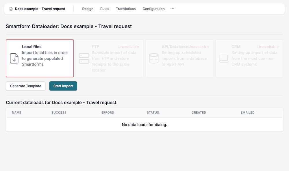 Starting an import: the data load is named, a CSV file is uploaded, Import details shows five dialogs and Is Valid Yes, and Import and Generate create the five forms.