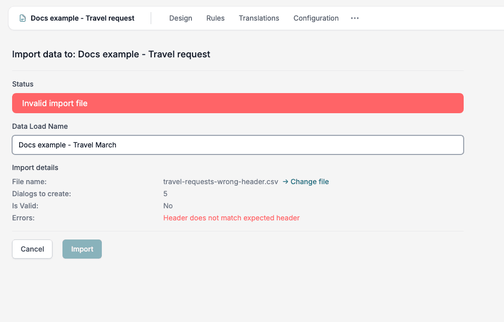 Import details for a file whose header row was changed: the status is Invalid import file, Is Valid is No, and Errors says Header does not match expected header.