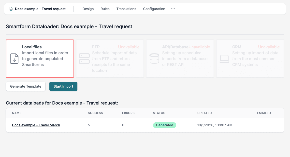 The list Current dataloads for a Smartform with one data load: Success 5, Errors 0, Status Generated.