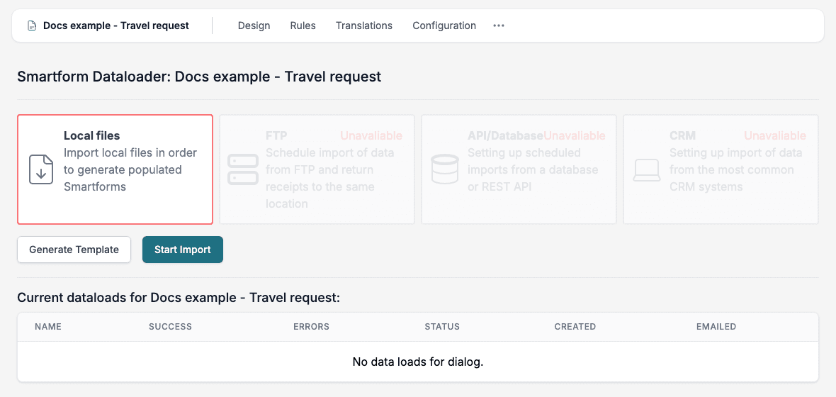 The page for the Smartform: the Local files option, the buttons Generate Template and Start Import, and the table of data loads.