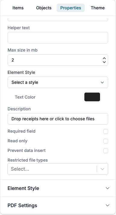 The properties of a File Upload element: Max size in mb is 2, and Restricted file types is empty.