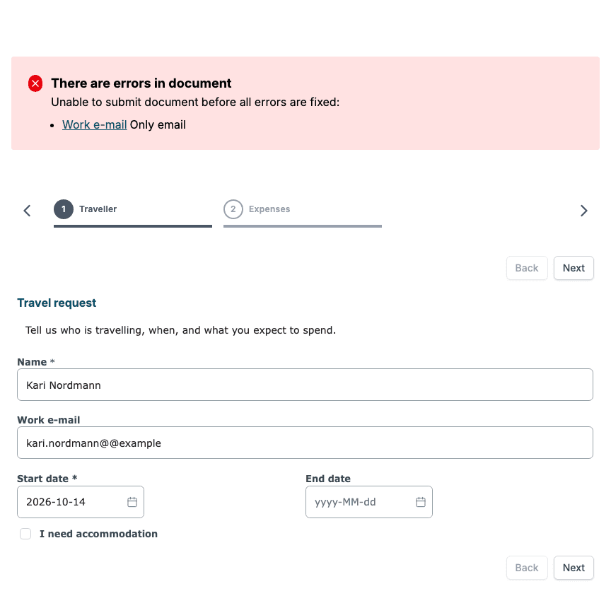 A form where the Work e-mail field holds kari.nordmann@@example and the error box lists Work e-mail with the message Only email.