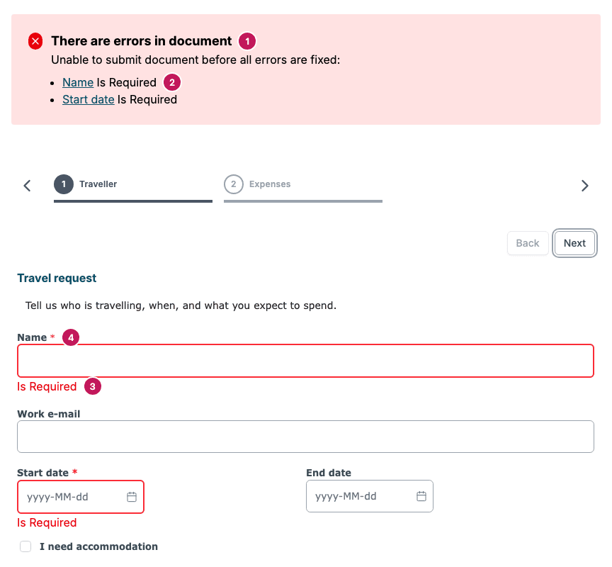 A form where Next was clicked with the Name and Start date fields empty: the red error box lists both fields, and the fields are marked in red.