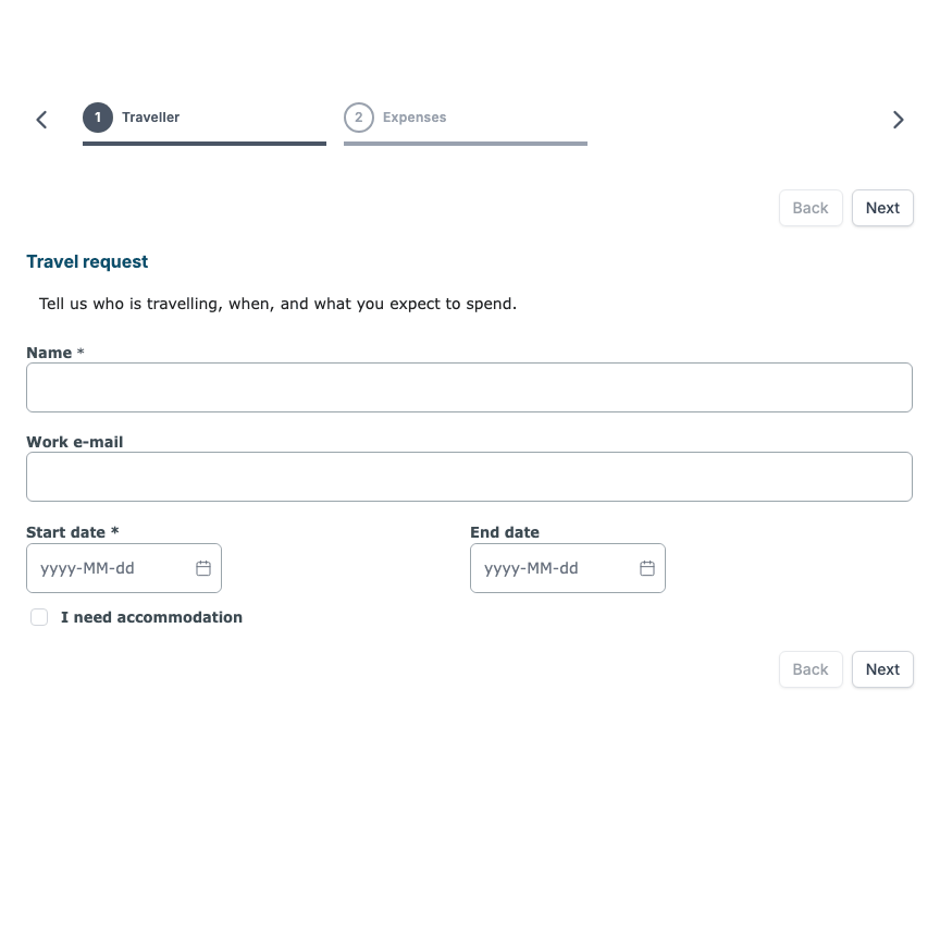 Clicking Next with empty required fields: the person stays on the Traveller step and the error box appears. After Name and Start date are filled in, Next opens the Expenses step.