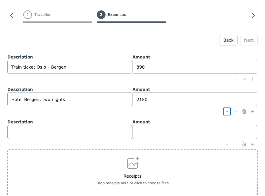 The Expenses section with two filled rows and one empty row. Each row has the buttons Move up, Move down, Delete row and Insert row under it.