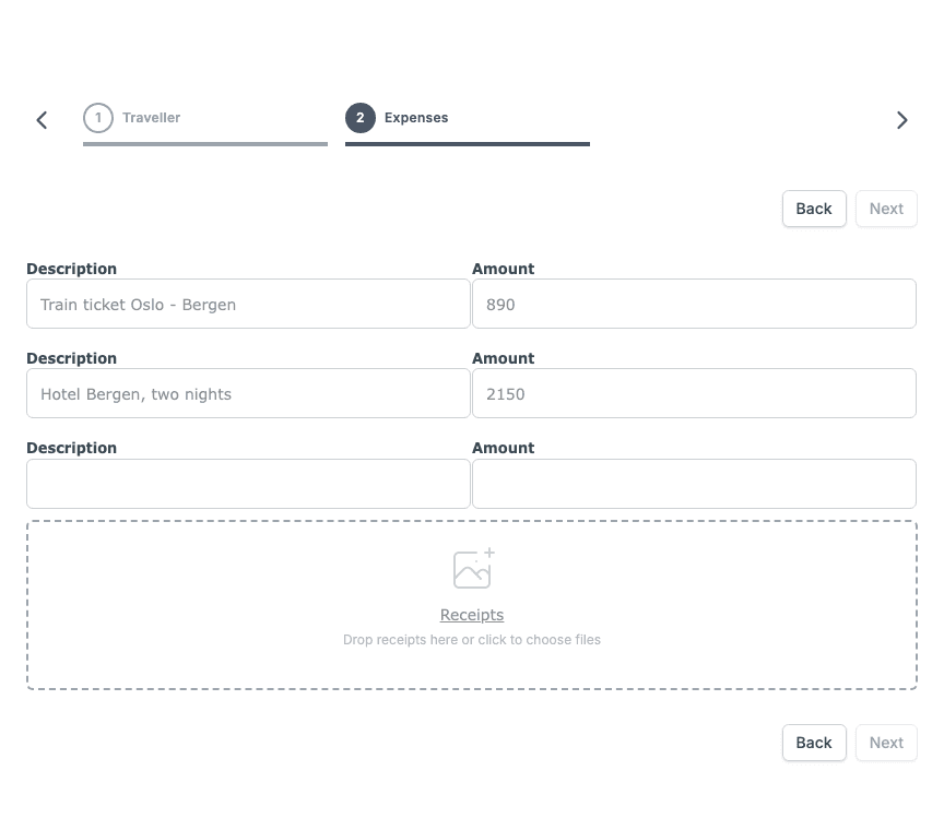 The same Expenses section after Submit: the values are locked and the row controls are gone.