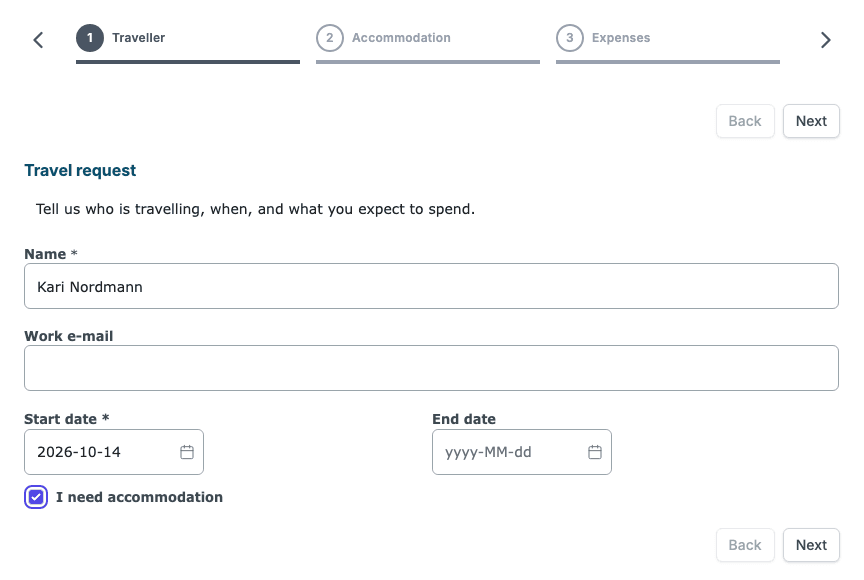 The same form with I need accommodation ticked: the steps at the top are Traveller, Accommodation and Expenses.