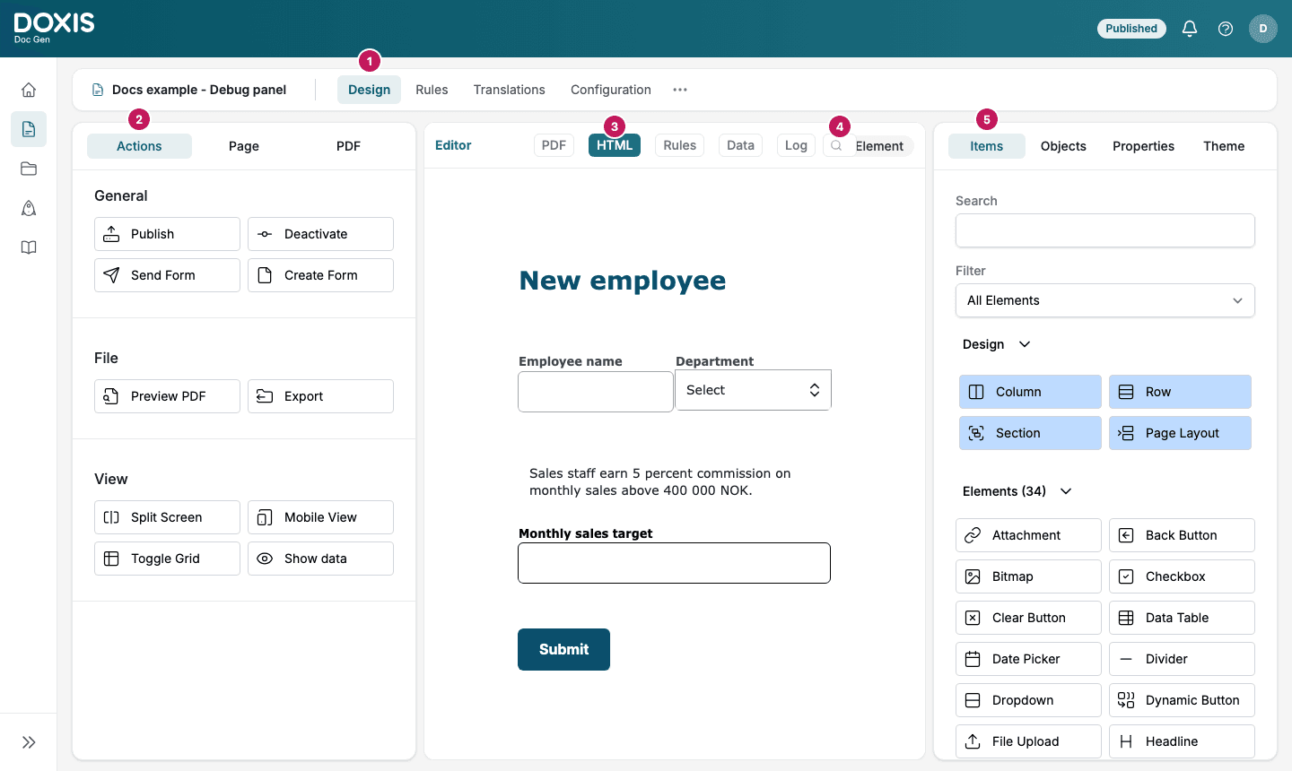 The Design tab with the form bar, the left panel, the editor and the right panel numbered 1 to 5