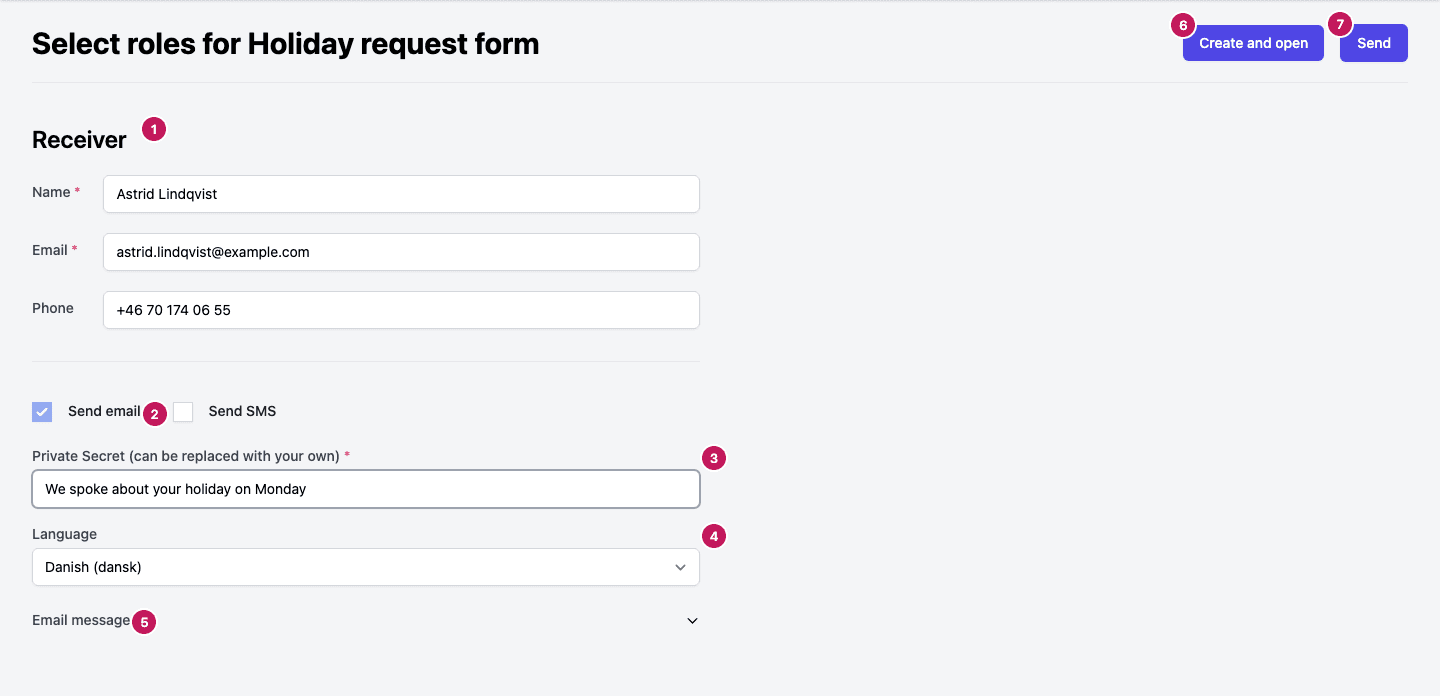 The send form for a Smartform with numbered markers on the receiver, the message options, the private secret, the language and the two buttons