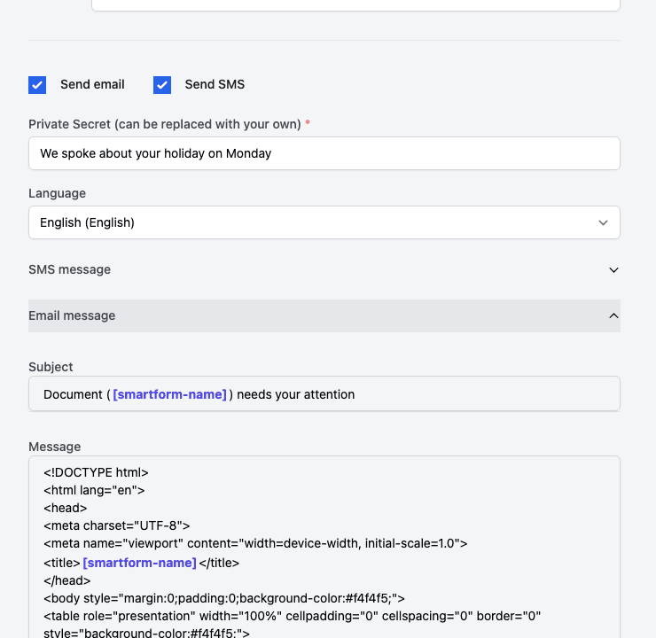 The send form with Send SMS ticked, English selected and the Email message panel open showing the subject and message