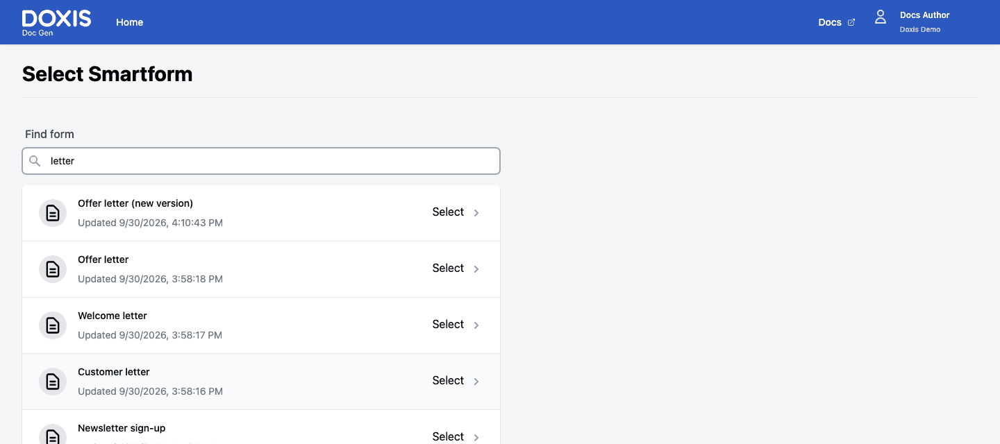 The Select Smartform page with the search box and a list of matching Smartforms