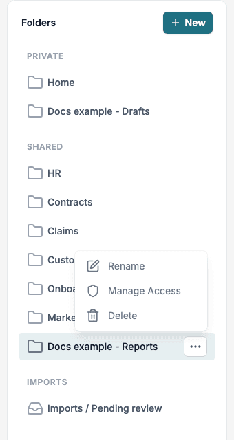 The folder menu with Rename, Manage Access and Delete