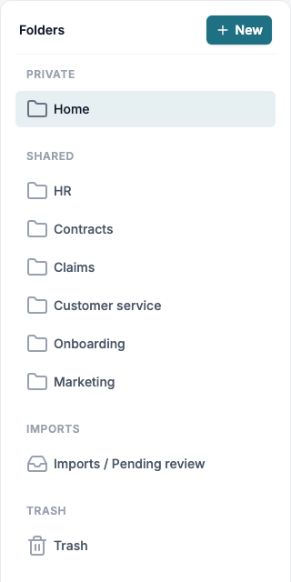 Creating a shared folder: click New, choose Shared folder, type the name and confirm