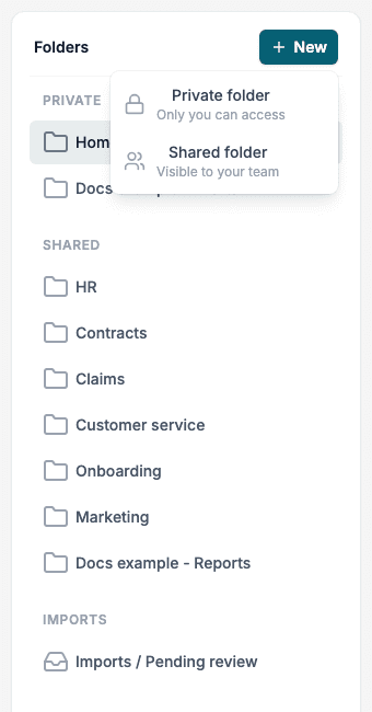 The New menu with Private folder and Shared folder