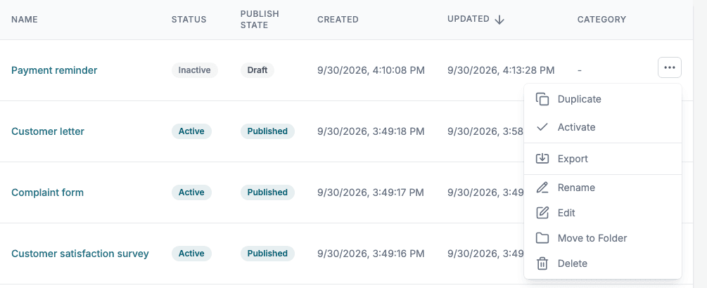The row menu with Duplicate, Activate, Export, Rename, Edit, Move to Folder and Delete