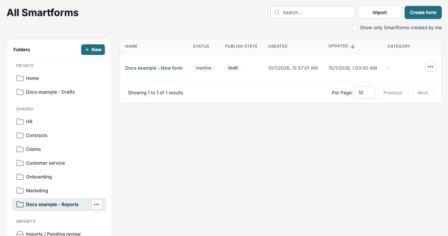 Searching with a Smartform ID in the Docs example - Reports folder finds one Smartform