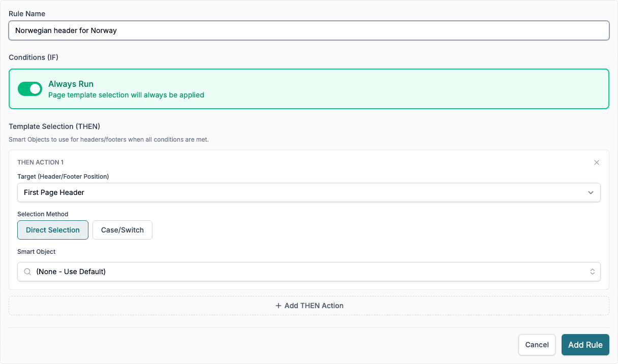 The Page Templates rule editor with the target, the selection method and the Smart Object